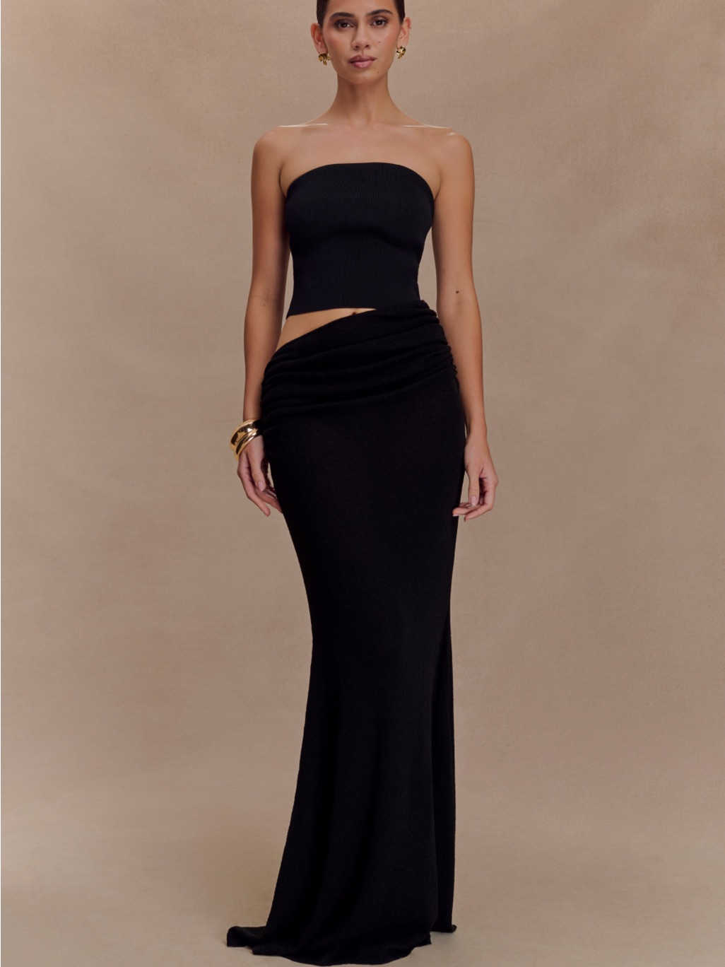 Meshki Black Strapless Drape Waist Gown